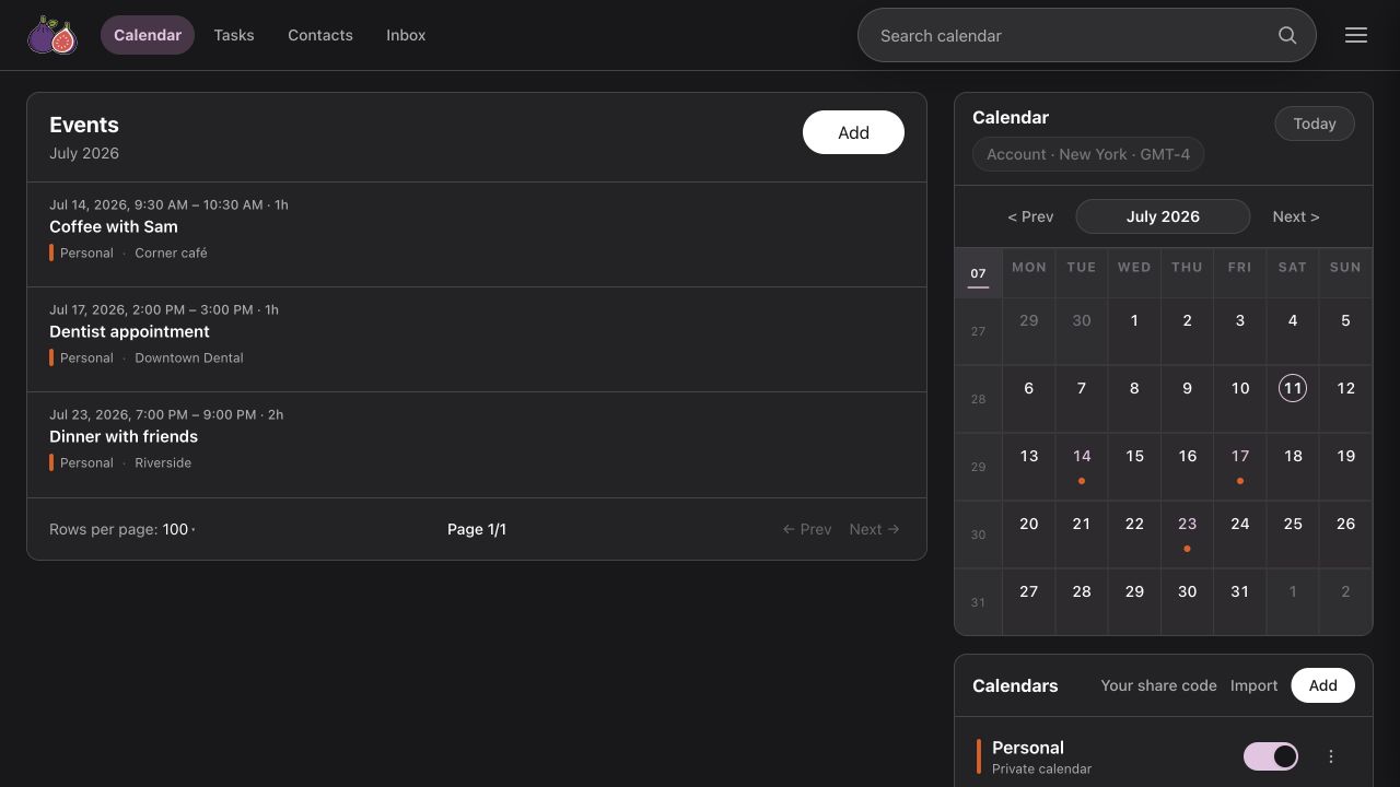 Small Fig calendar showing three sample events beside the July 2026 month view in dark mode.