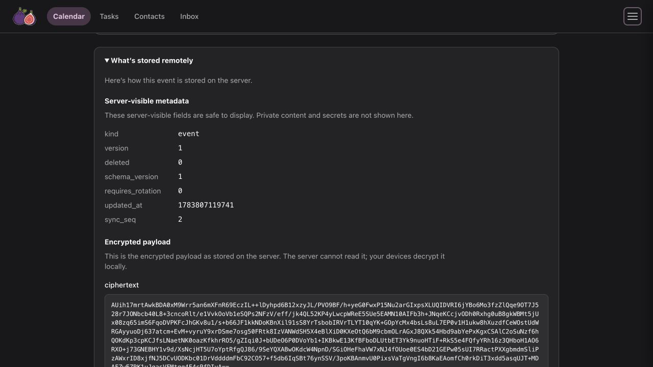 Expanded storage panel showing server-visible event metadata above encrypted event data in dark mode.