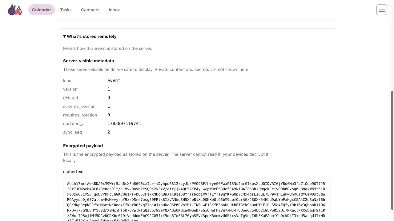 Expanded storage panel showing server-visible event metadata above encrypted event data.